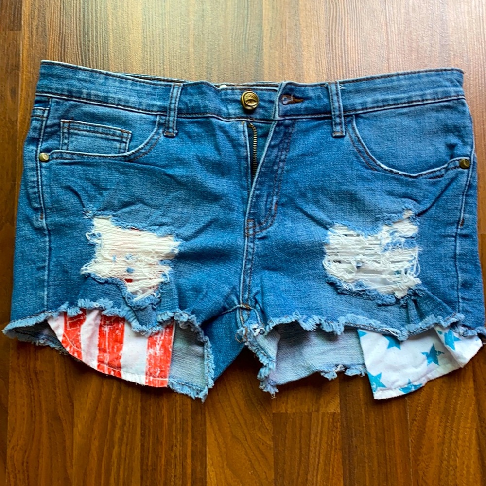 American flag jean shorts size 13/14 Cafe denim